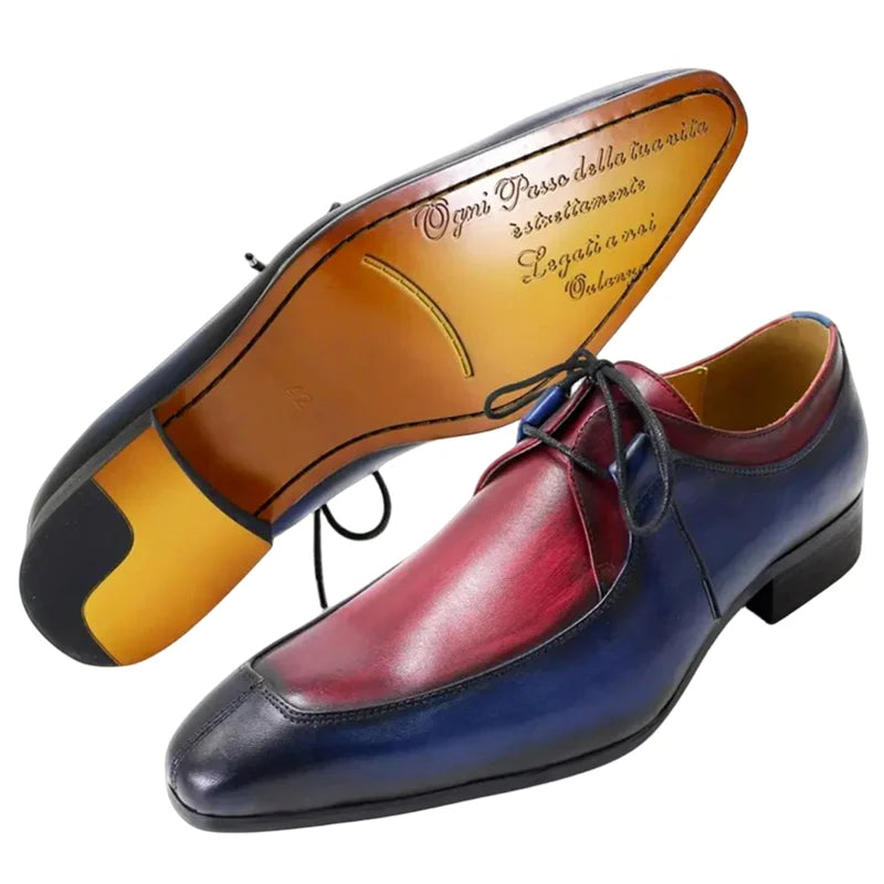 X384 High Quality Dress Shoes Oxford Retro Blue-Red Color-block Genuine Cowhide Leather Shoes Business Office Shoes for Men