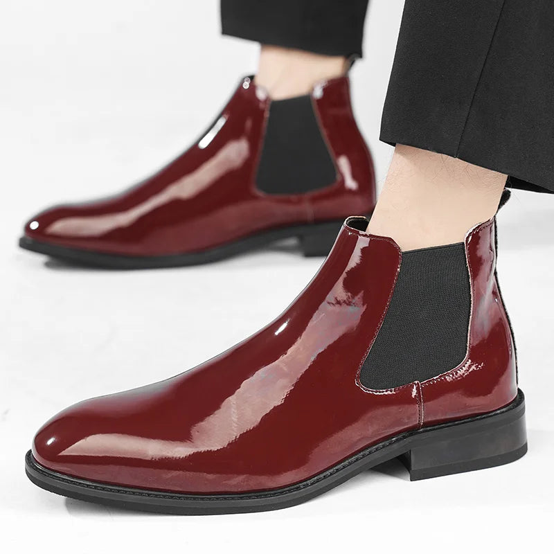 Pointed Toe Patent Leather Dress Shoes Size 38-46 Red Color Wedding Footwear Chelsea Boots for Men