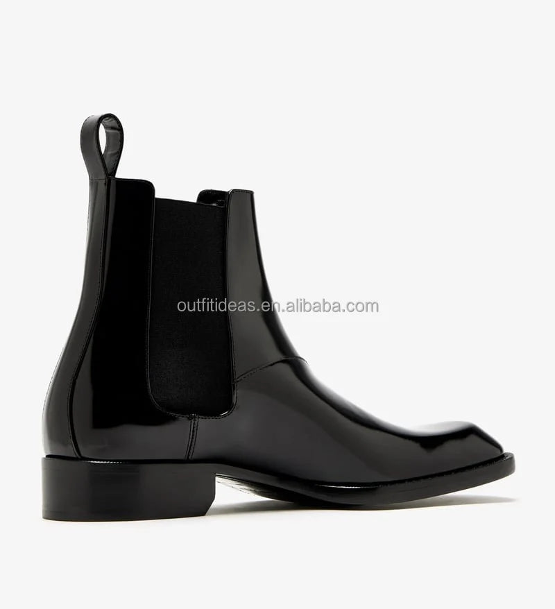 Square Toe True to Size Unisex Block Heel Men Dress Shoes Ankle Patent Leather Men Black Square-Toe Patent Leather Patent Boots