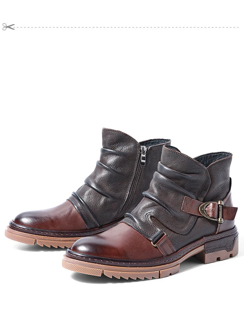 British Style Elegant Winter Boots Men's Trendy Pleated Buckle Belt Business Man Wrinkle Leather Shoes