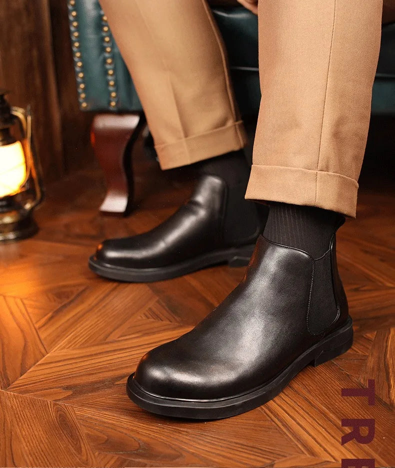 Men's Chelsea Boots Leather Winter Plus Velvet Black Leather Shoes tide  Boots