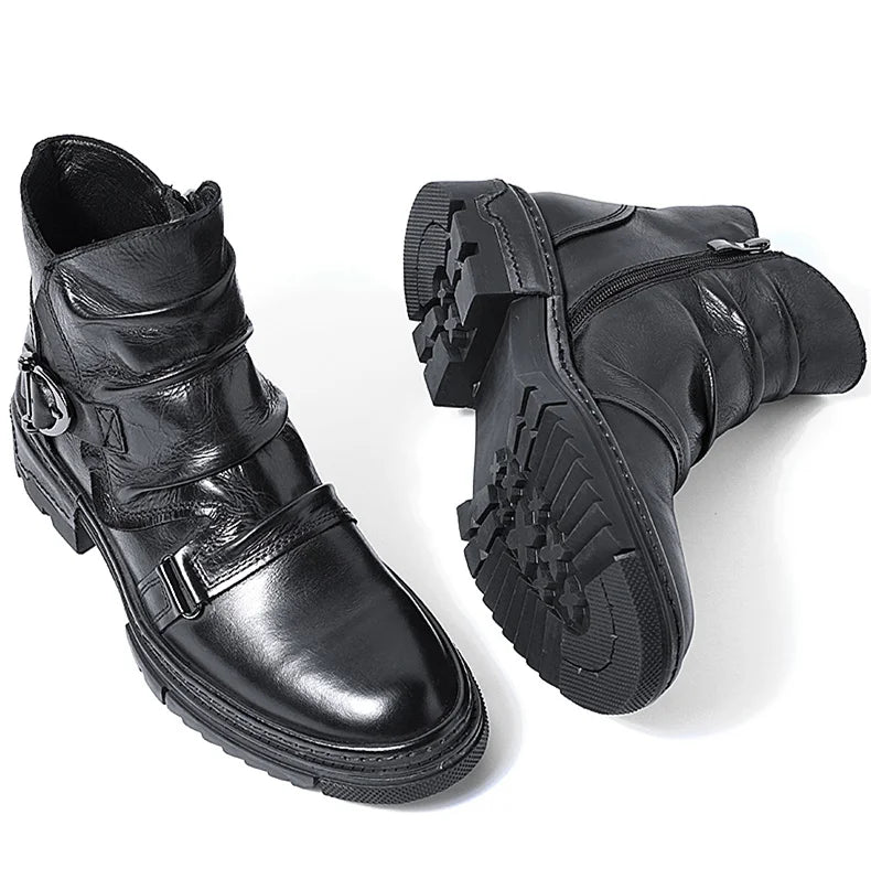British Style Elegant Winter Boots Men's Trendy Pleated Buckle Belt Business Man Wrinkle Leather Shoes