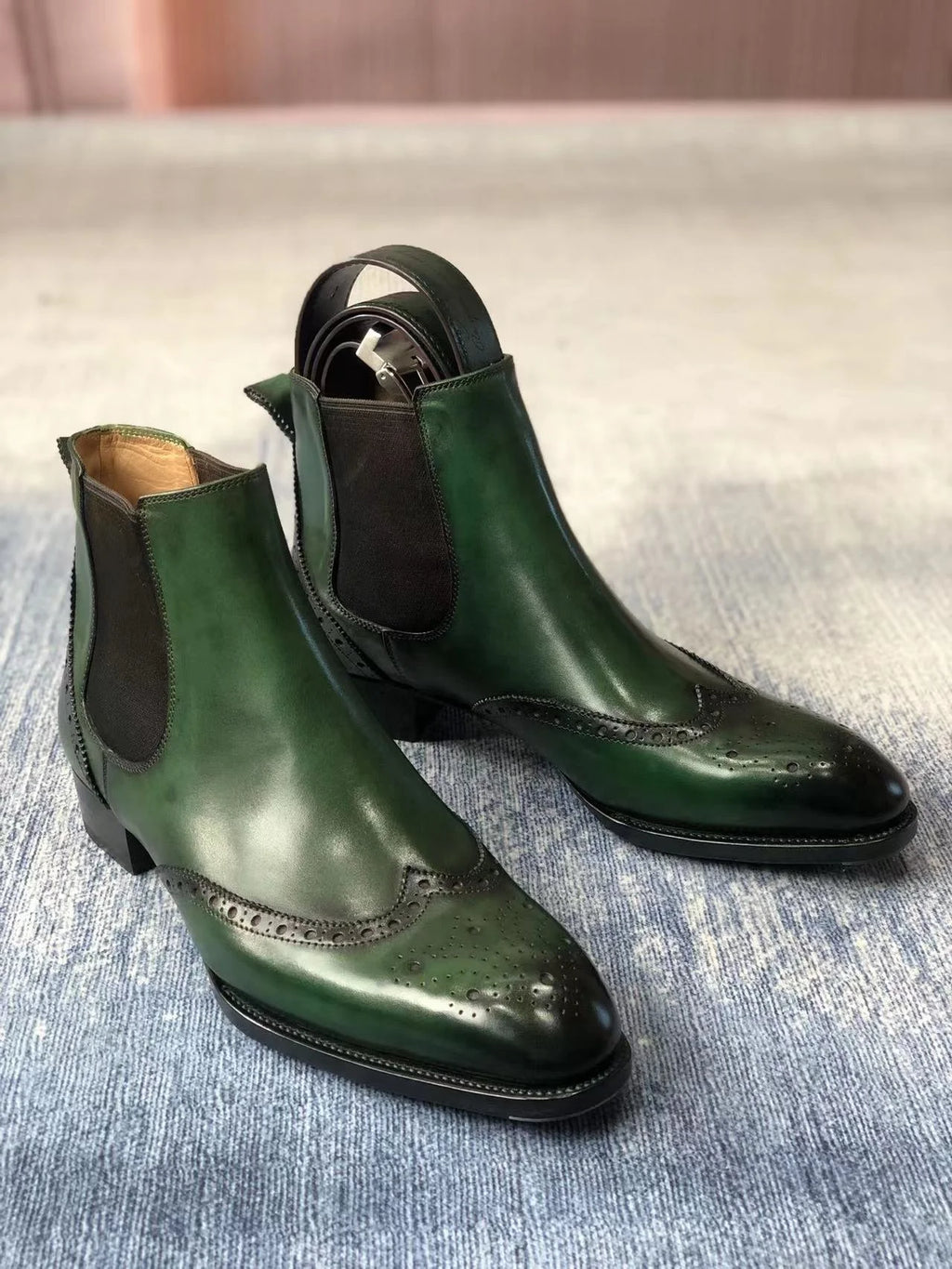 Cie MA1 Handmade Leather Brogues Chelsea Ankle Boots Men's Classic Fiddle-Back Waist/Beveled Waist Boot & Matching Color Belt