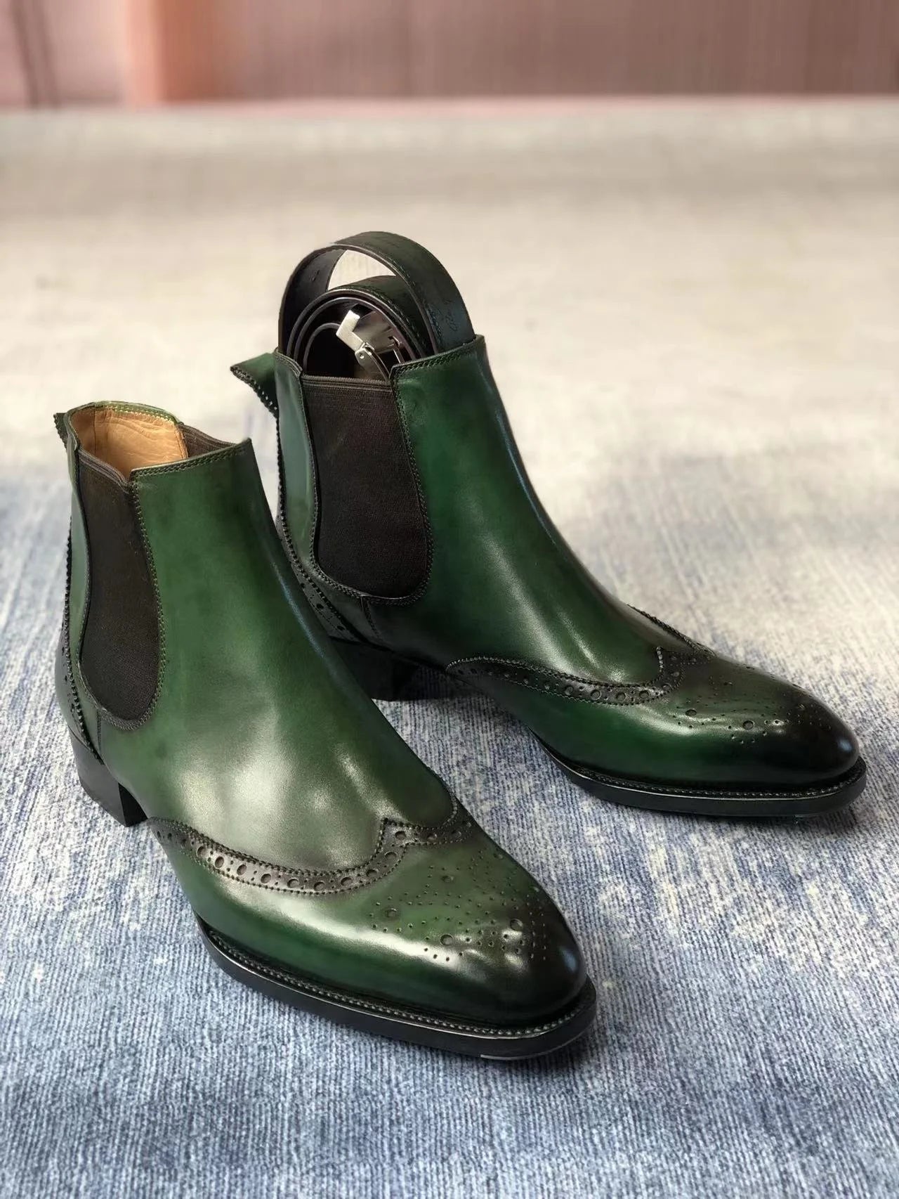 Cie MA1 Handmade Leather Brogues Chelsea Ankle Boots Men's Classic Fiddle-Back Waist/Beveled Waist Boot & Matching Color Belt