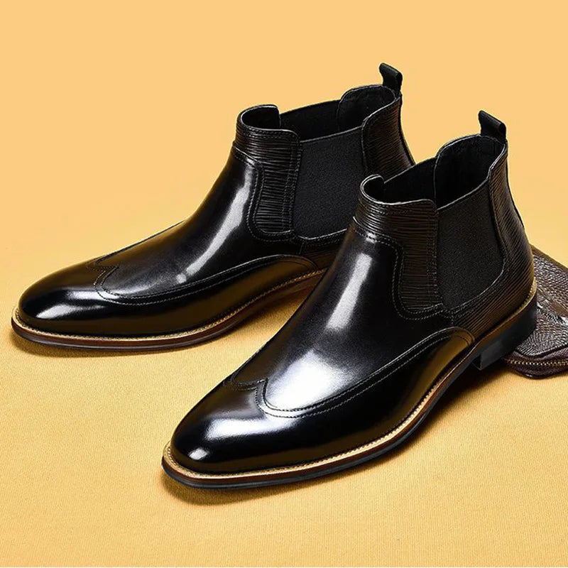 Fashion Height Increasing Men's Elastic Band Brogue Carving PU Leather Resistant Motorcycle Boot Dress Shoes Men Ankle Boots