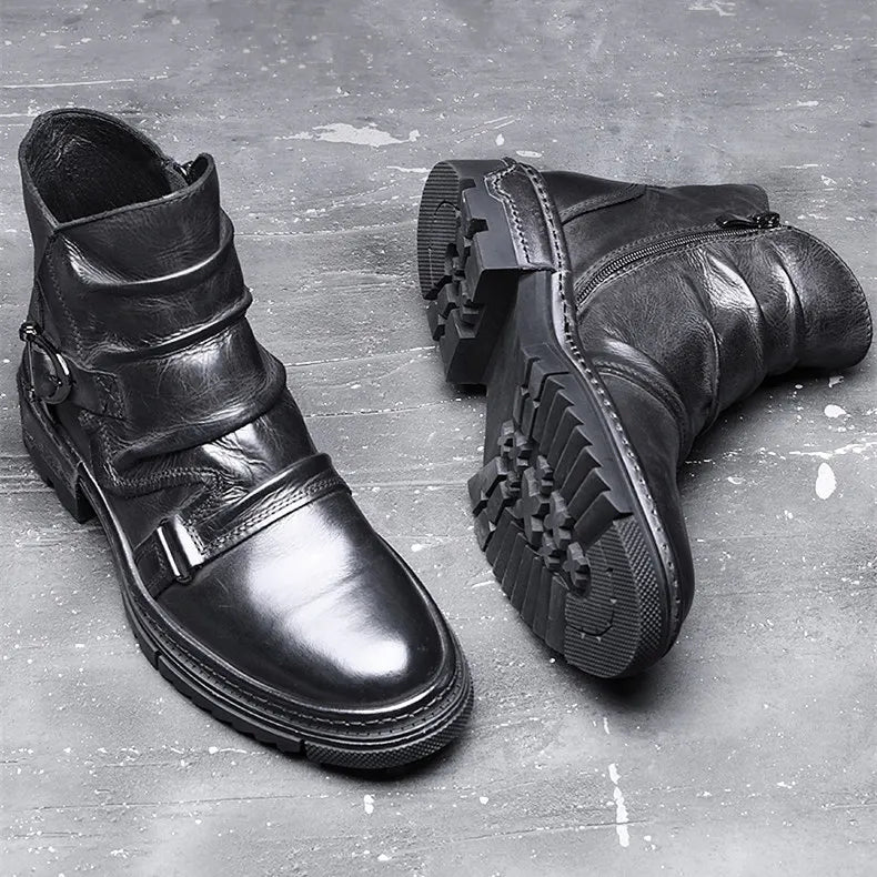 British Style Elegant Winter Boots Men's Trendy Pleated Buckle Belt Business Man Wrinkle Leather Shoes