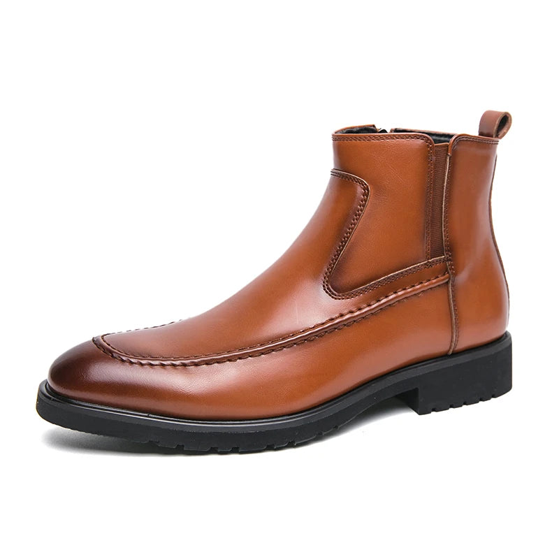 Customized Height Increasing Snow Elastic Band Zipper Men's PU Leather Resistant Boot Dress Shoes Men Point Ankle Boots