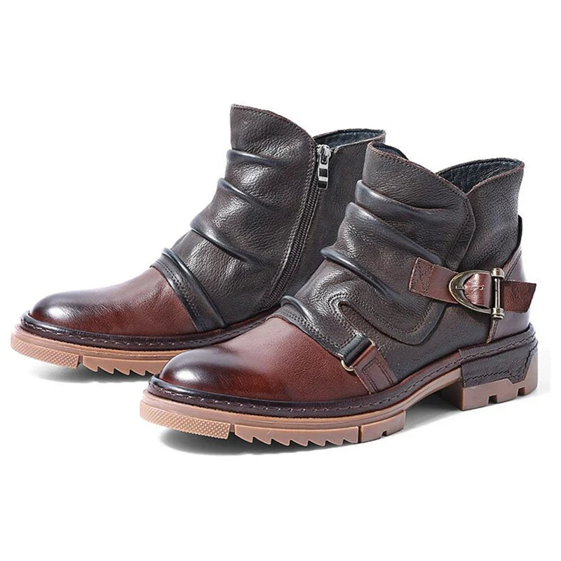 British Style Elegant Winter Boots Men's Trendy Pleated Buckle Belt Business Man Wrinkle Leather Shoes