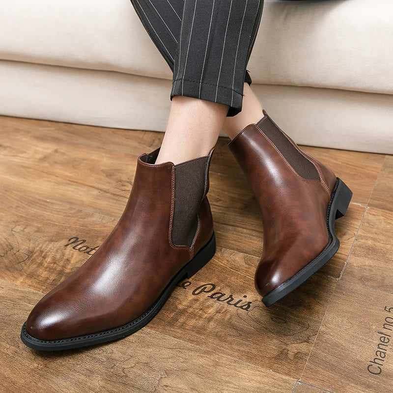 Big Size 38-48 Winter Ankle Chelsea PU Leather Boots Summer Winter Usable Pointed Toe Men Snow Boots