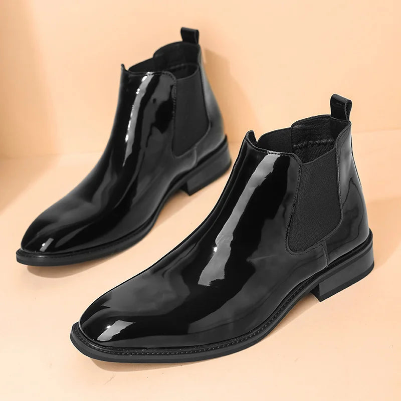 Pointed Toe Patent Leather Dress Shoes Size 38-46 Red Color Wedding Footwear Chelsea Boots for Men