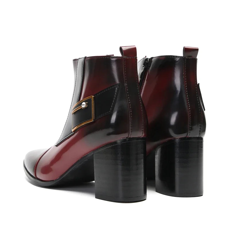 Men's Winter Formal Chelsea Boots in Wine Red Leather High Top with Zipper Ankle Dress High Heels Retro Western Style Size 35-47