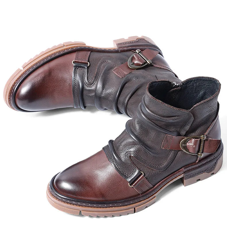 British Style Elegant Winter Boots Men's Trendy Pleated Buckle Belt Business Man Wrinkle Leather Shoes