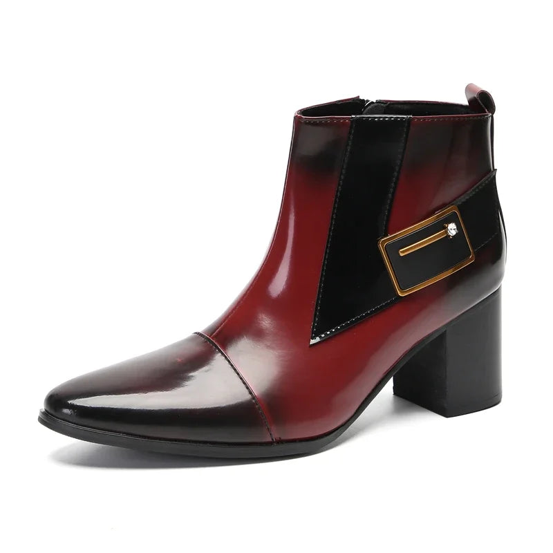 Men's Winter Formal Chelsea Boots in Wine Red Leather High Top with Zipper Ankle Dress High Heels Retro Western Style Size 35-47