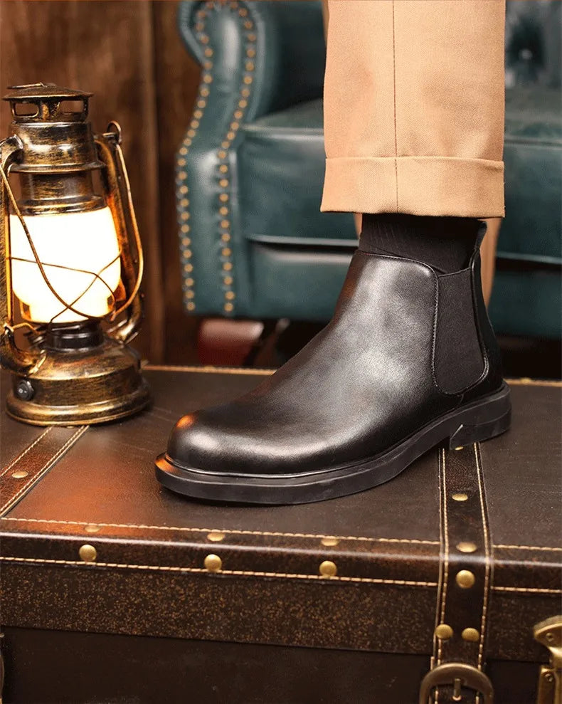 Men's Chelsea Boots Leather Winter Plus Velvet Black Leather Shoes tide  Boots