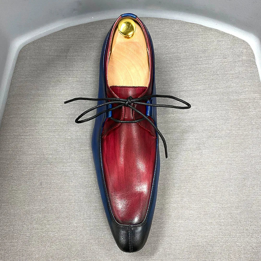 X384 High Quality Dress Shoes Oxford Retro Blue-Red Color-block Genuine Cowhide Leather Shoes Business Office Shoes for Men