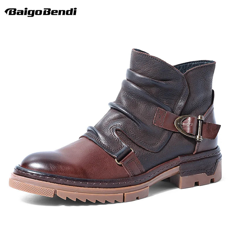 British Style Elegant Winter Boots Men's Trendy Pleated Buckle Belt Business Man Wrinkle Leather Shoes