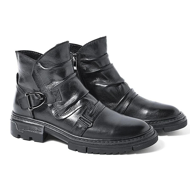 British Style Elegant Winter Boots Men's Trendy Pleated Buckle Belt Business Man Wrinkle Leather Shoes
