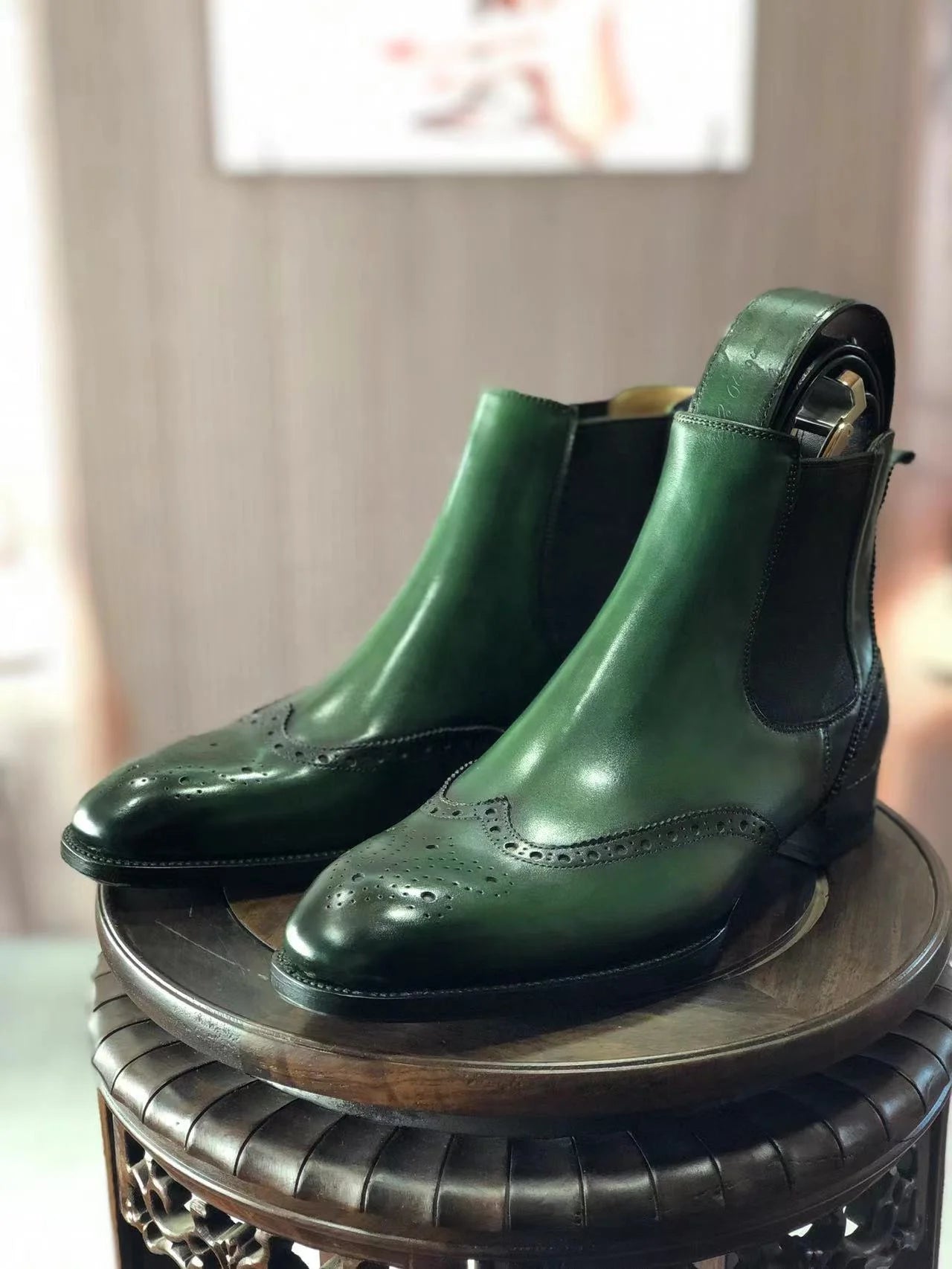 Cie MA1 Handmade Leather Brogues Chelsea Ankle Boots Men's Classic Fiddle-Back Waist/Beveled Waist Boot & Matching Color Belt