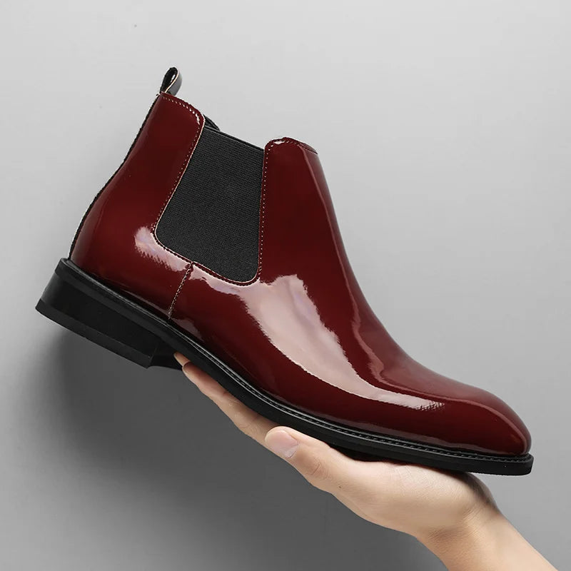 Pointed Toe Patent Leather Dress Shoes Size 38-46 Red Color Wedding Footwear Chelsea Boots for Men