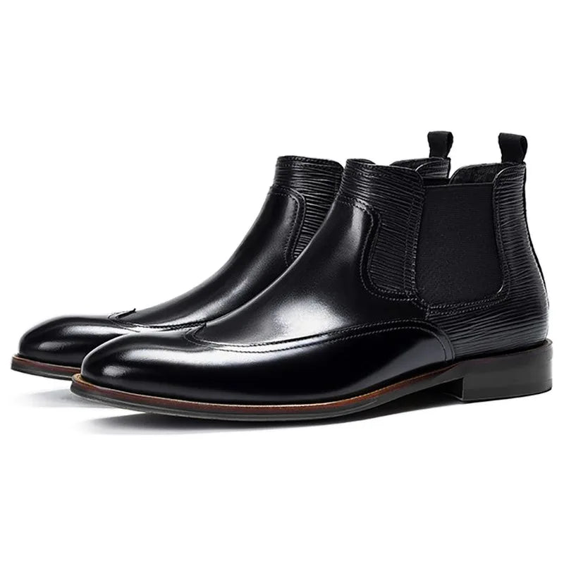 Fashion Height Increasing Men's Elastic Band Brogue Carving PU Leather Resistant Motorcycle Boot Dress Shoes Men Ankle Boots