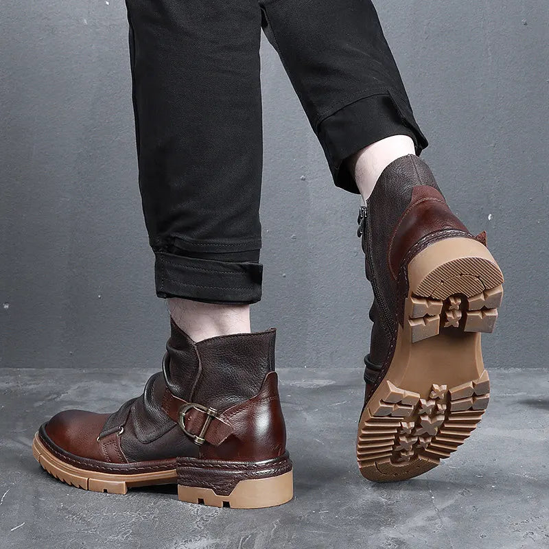 British Style Elegant Winter Boots Men's Trendy Pleated Buckle Belt Business Man Wrinkle Leather Shoes
