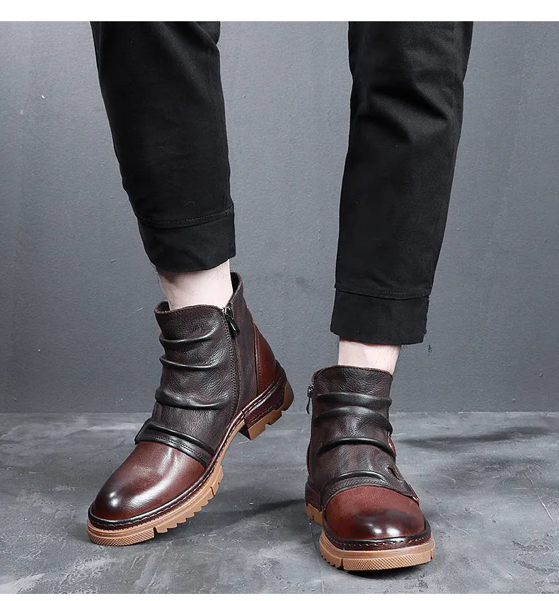 British Style Elegant Winter Boots Men's Trendy Pleated Buckle Belt Business Man Wrinkle Leather Shoes
