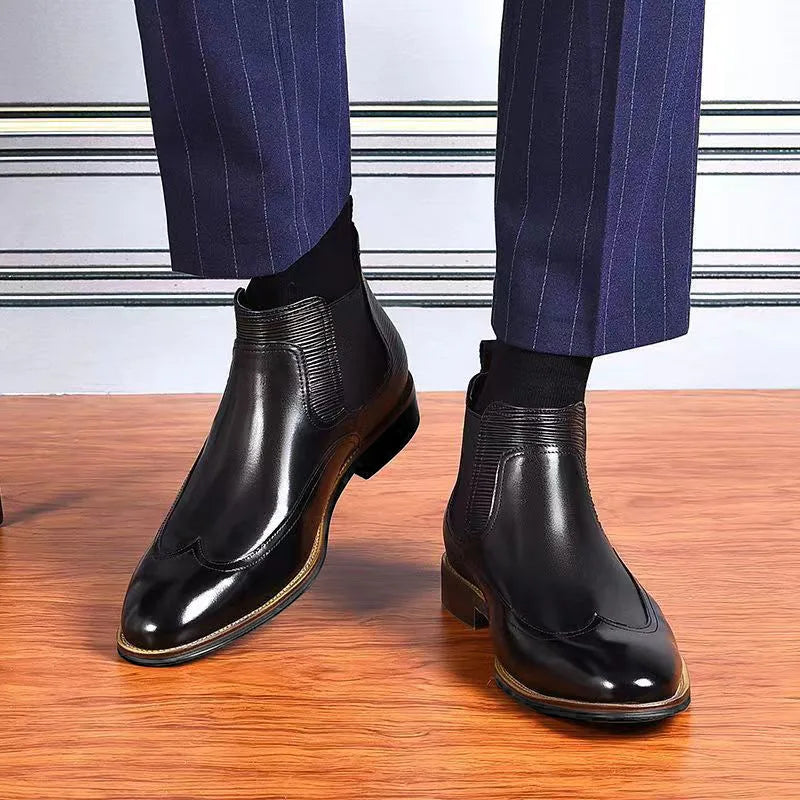Fashion Height Increasing Men's Elastic Band Brogue Carving PU Leather Resistant Motorcycle Boot Dress Shoes Men Ankle Boots