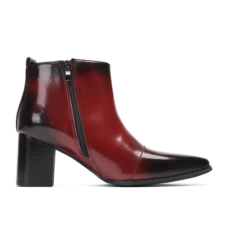 Men's Winter Formal Chelsea Boots in Wine Red Leather High Top with Zipper Ankle Dress High Heels Retro Western Style Size 35-47