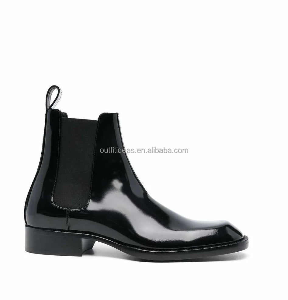 Square Toe True to Size Unisex Block Heel Men Dress Shoes Ankle Patent Leather Men Black Square-Toe Patent Leather Patent Boots