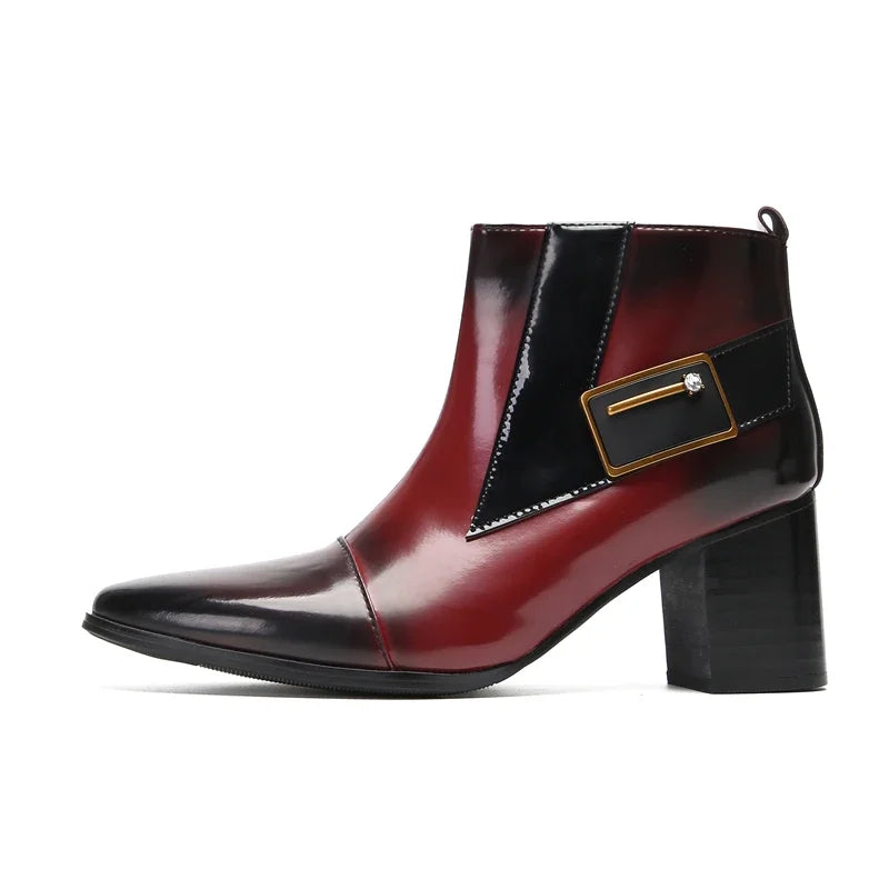 Men's Winter Formal Chelsea Boots in Wine Red Leather High Top with Zipper Ankle Dress High Heels Retro Western Style Size 35-47