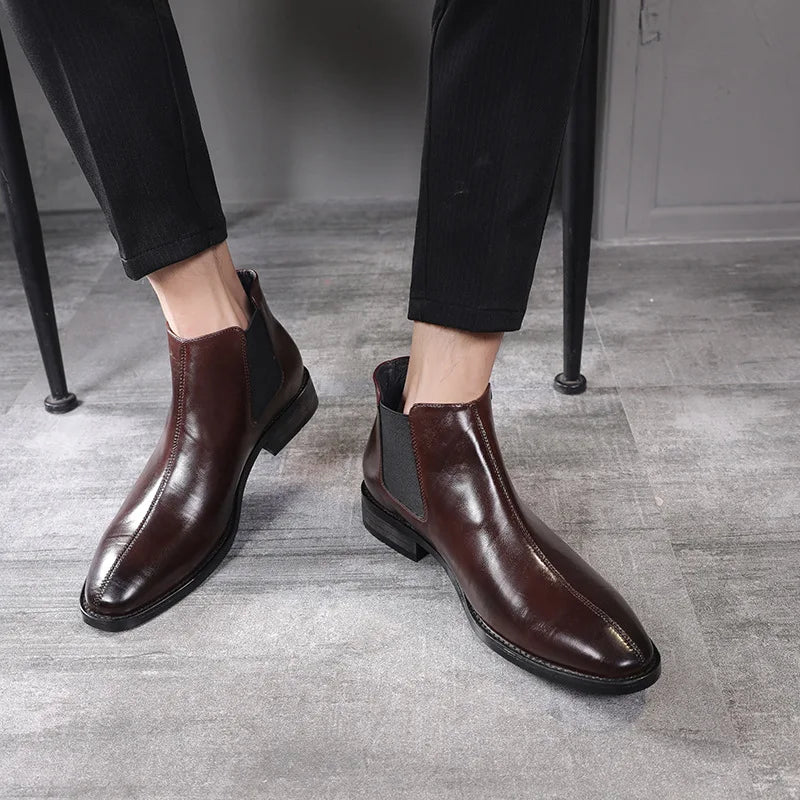 High Quality Retro Fashion Pure Color Male Chelsea Boots Shoes Brown Leather Boots for Men