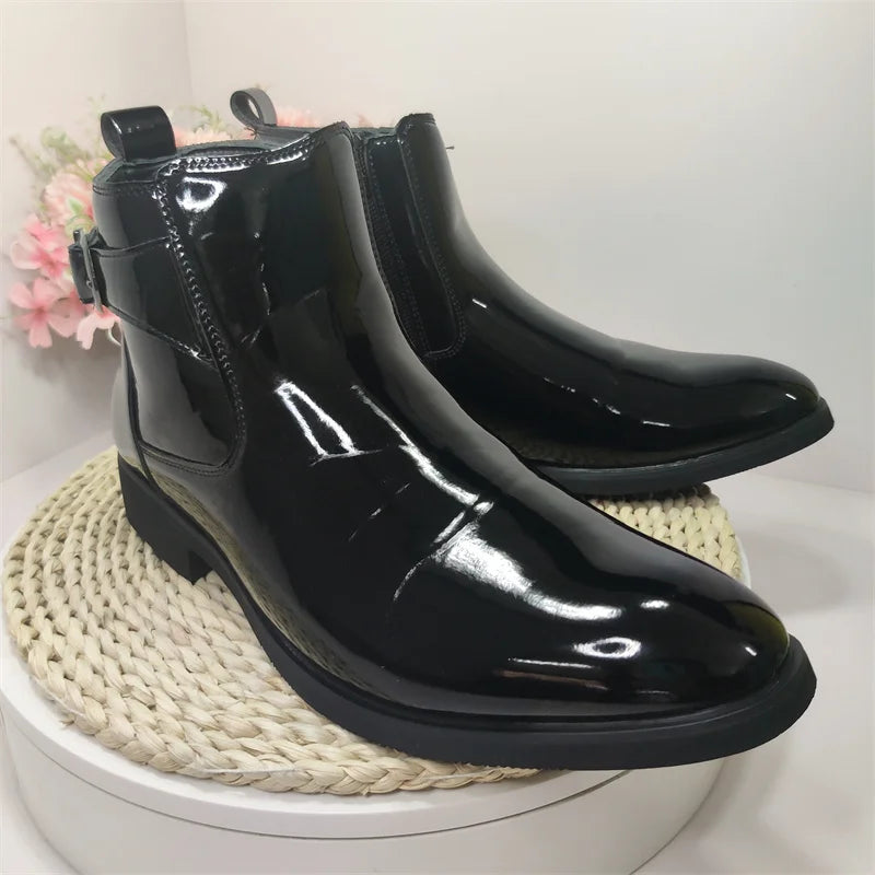 Latest Design Fashion High Ankle Boots Hard Wearing Comfortable Men Patent Leather Boots