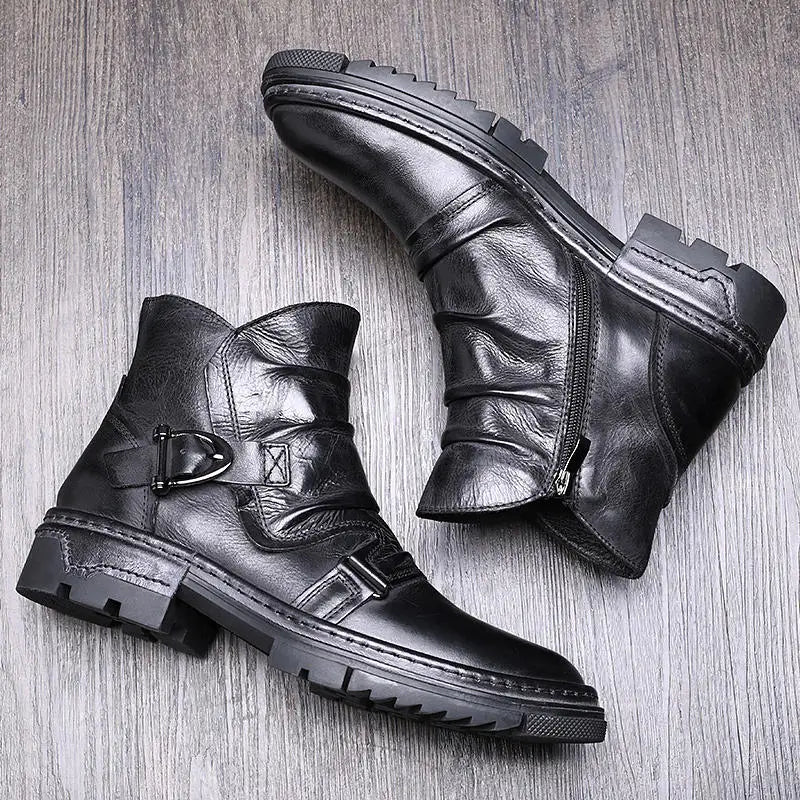 British Style Elegant Winter Boots Men's Trendy Pleated Buckle Belt Business Man Wrinkle Leather Shoes