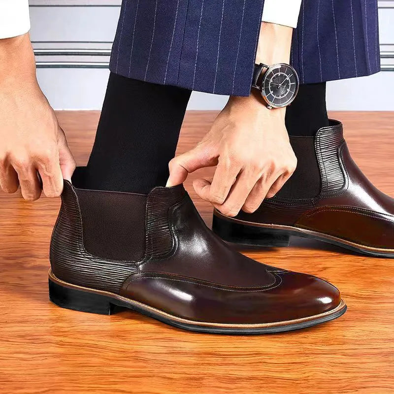 Fashion Height Increasing Men's Elastic Band Brogue Carving PU Leather Resistant Motorcycle Boot Dress Shoes Men Ankle Boots