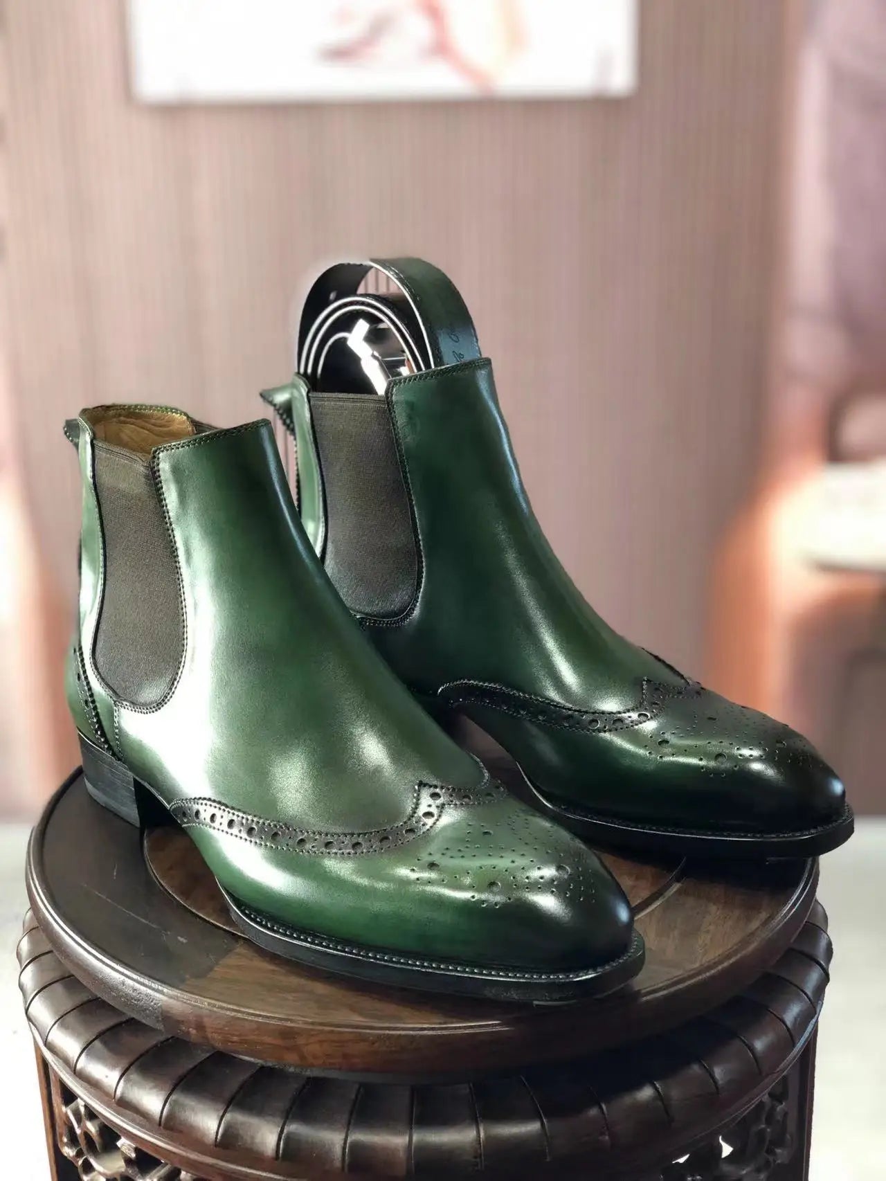 Cie MA1 Handmade Leather Brogues Chelsea Ankle Boots Men's Classic Fiddle-Back Waist/Beveled Waist Boot & Matching Color Belt