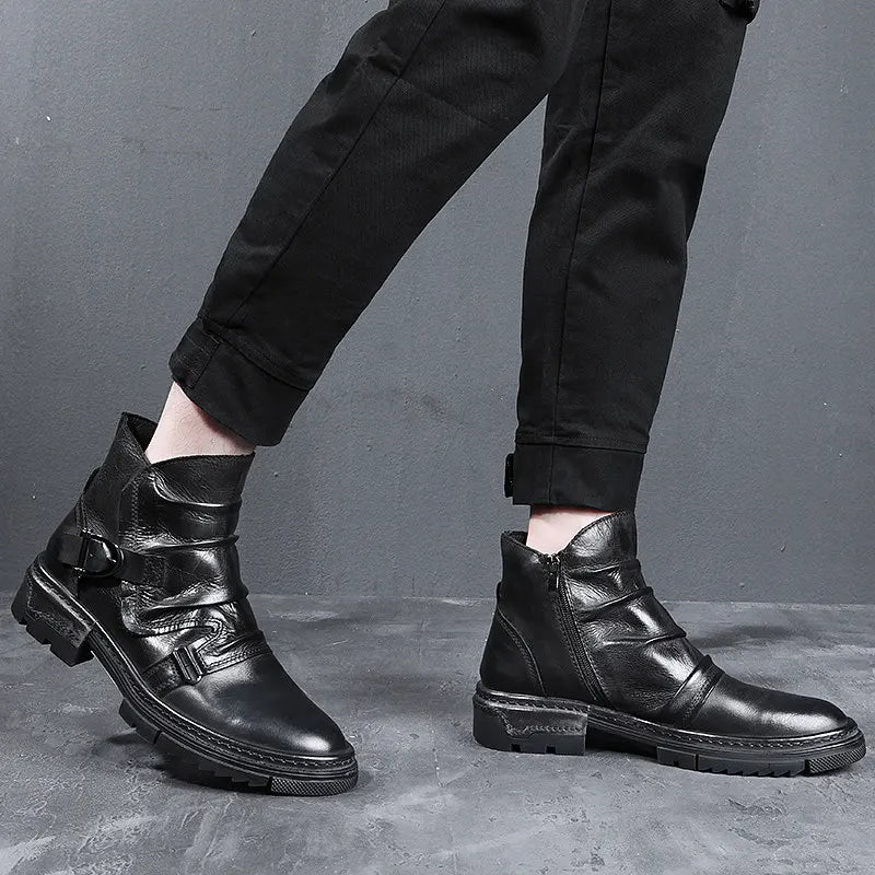 British Style Elegant Winter Boots Men's Trendy Pleated Buckle Belt Business Man Wrinkle Leather Shoes