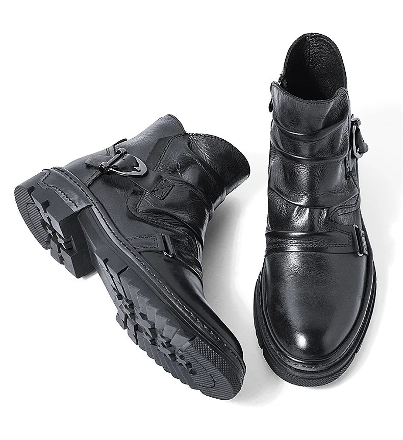 British Style Elegant Winter Boots Men's Trendy Pleated Buckle Belt Business Man Wrinkle Leather Shoes