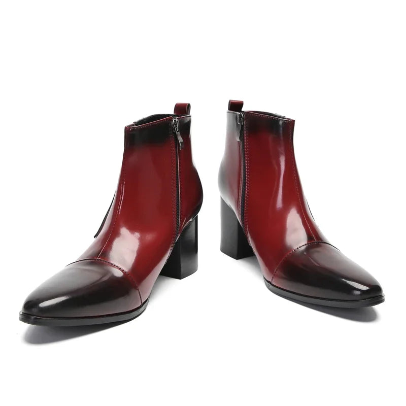 Men's Winter Formal Chelsea Boots in Wine Red Leather High Top with Zipper Ankle Dress High Heels Retro Western Style Size 35-47