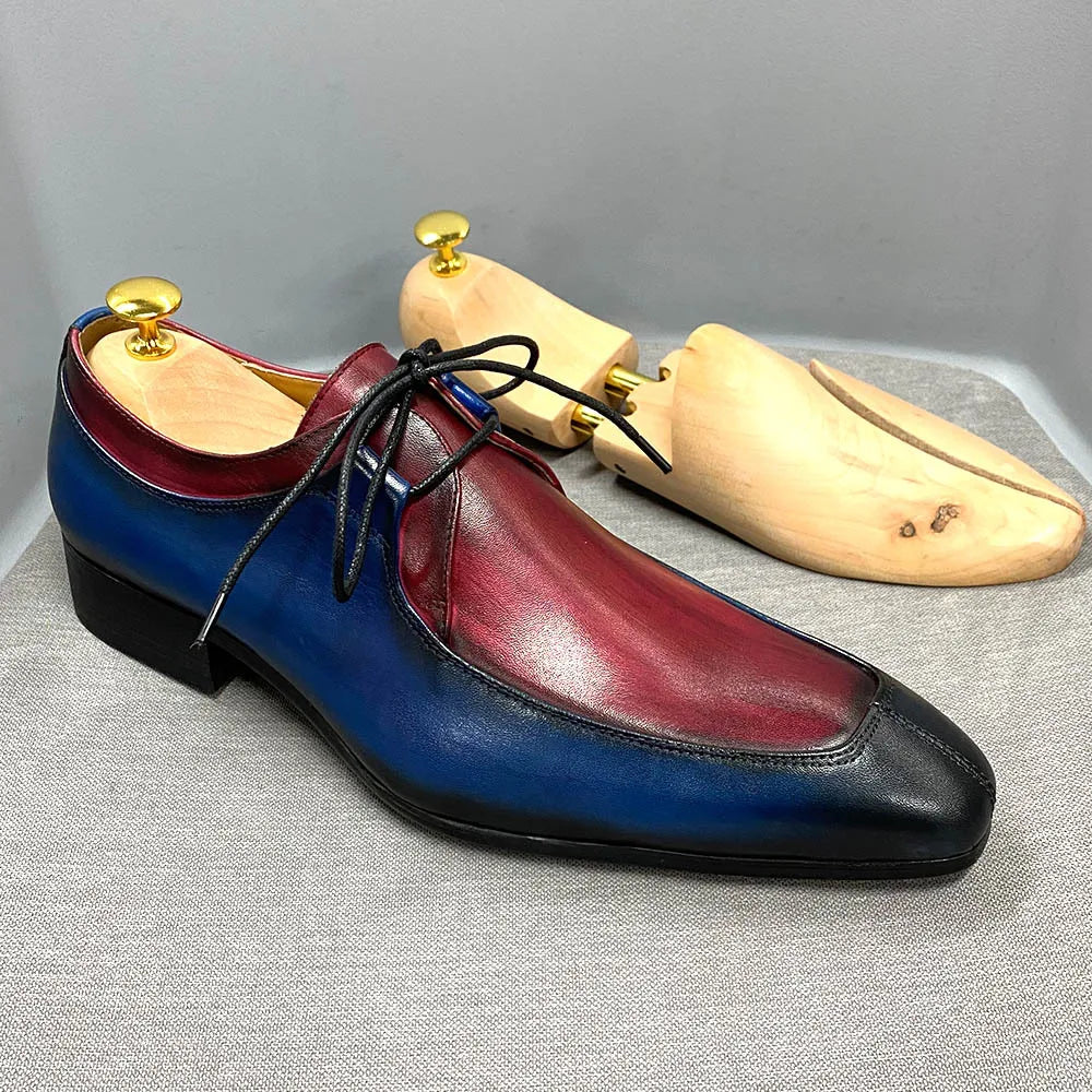 X384 High Quality Dress Shoes Oxford Retro Blue-Red Color-block Genuine Cowhide Leather Shoes Business Office Shoes for Men