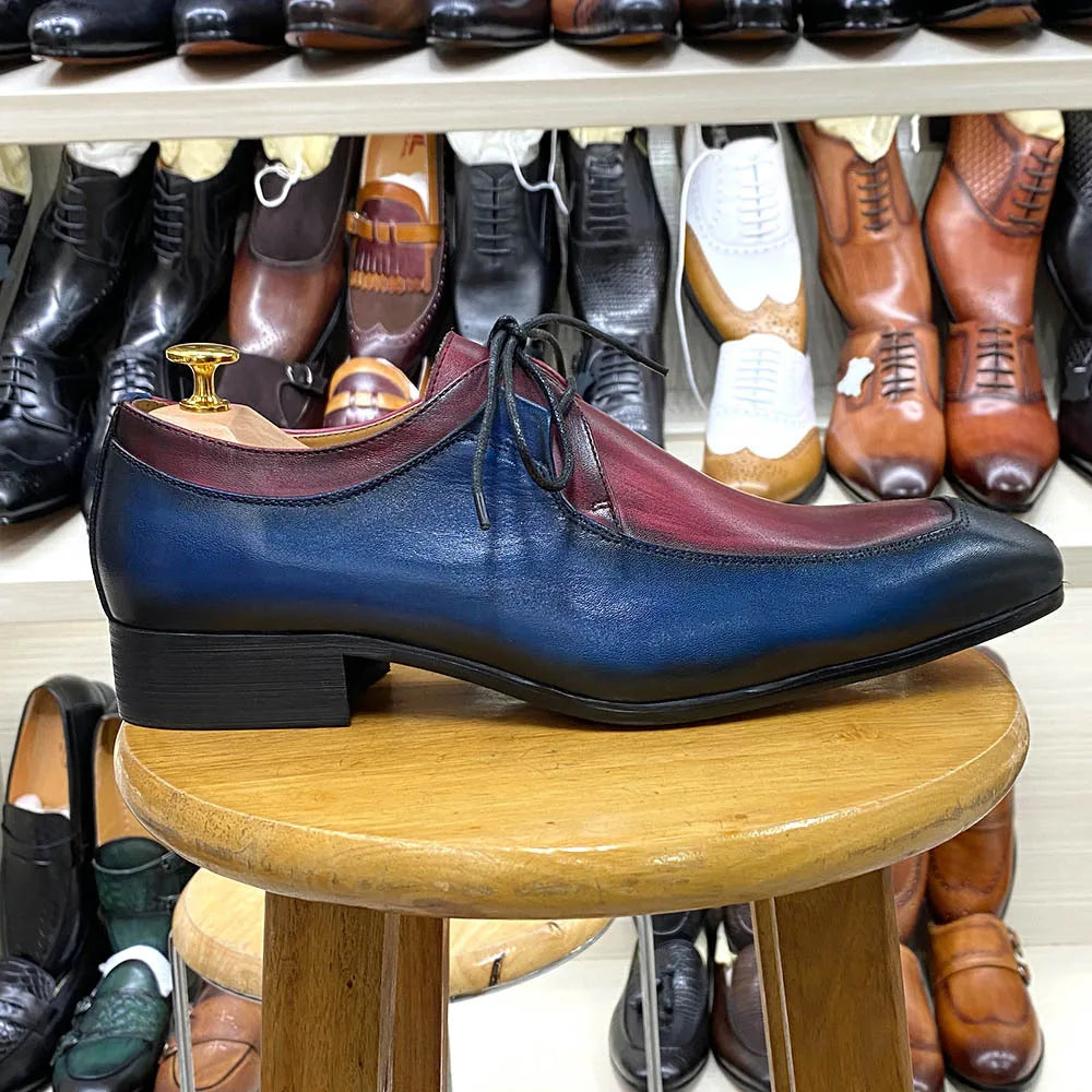 X384 High Quality Dress Shoes Oxford Retro Blue-Red Color-block Genuine Cowhide Leather Shoes Business Office Shoes for Men