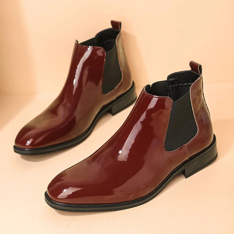 Pointed Toe Patent Leather Dress Shoes Size 38-46 Red Color Wedding Footwear Chelsea Boots for Men