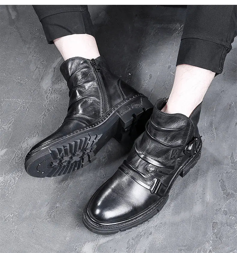 British Style Elegant Winter Boots Men's Trendy Pleated Buckle Belt Business Man Wrinkle Leather Shoes
