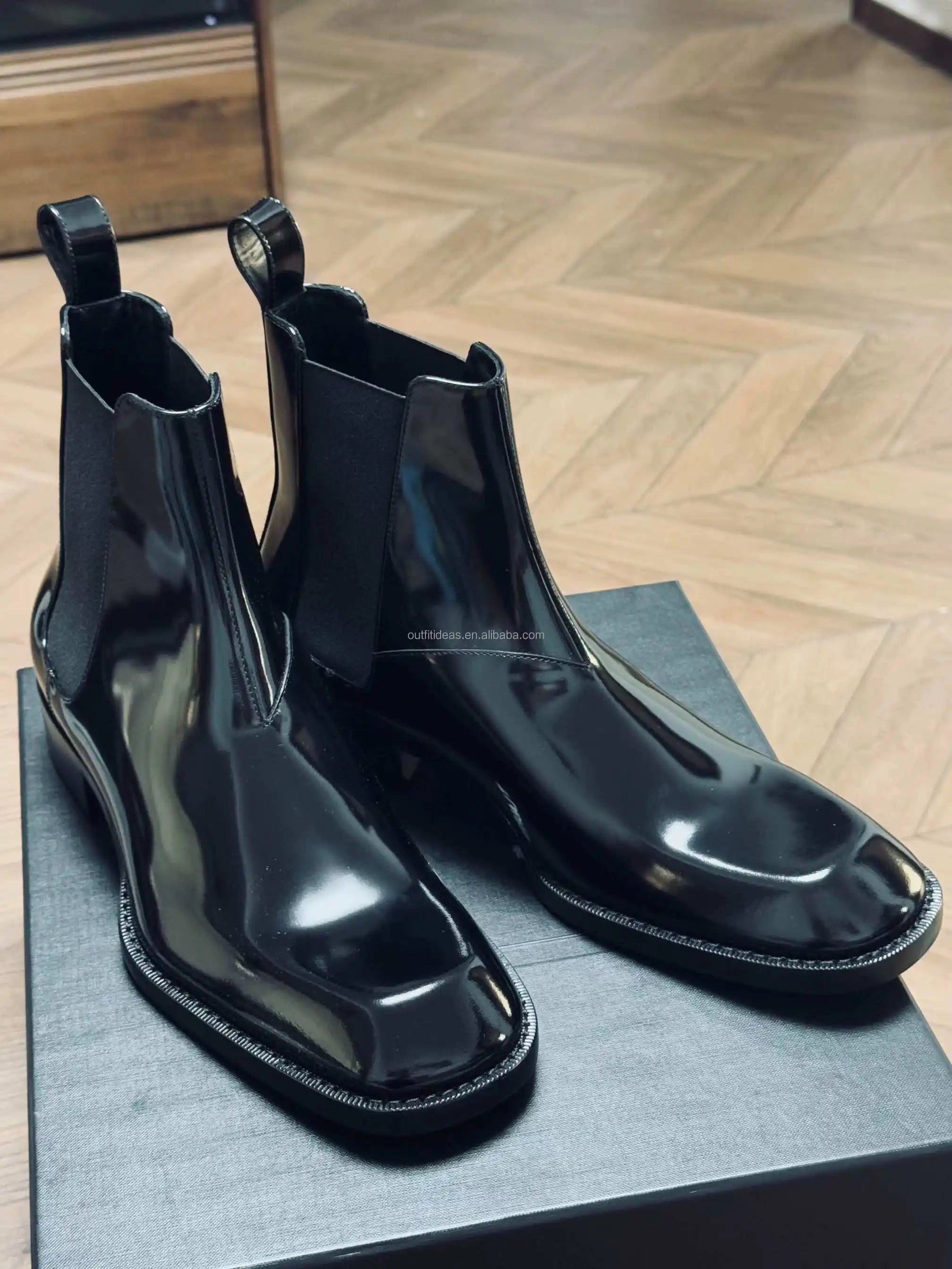 Square Toe True to Size Unisex Block Heel Men Dress Shoes Ankle Patent Leather Men Black Square-Toe Patent Leather Patent Boots