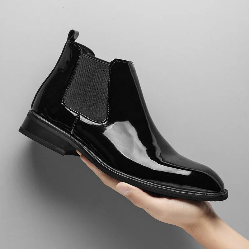 Pointed Toe Patent Leather Dress Shoes Size 38-46 Red Color Wedding Footwear Chelsea Boots for Men