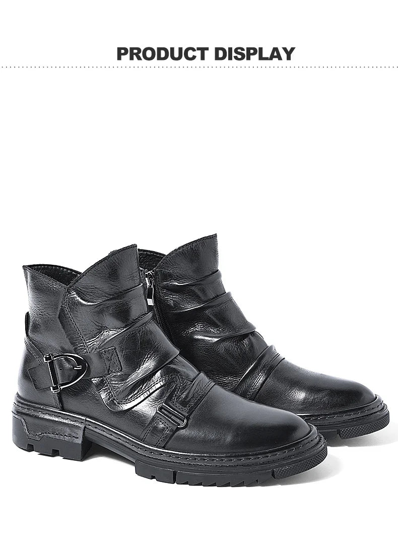 British Style Elegant Winter Boots Men's Trendy Pleated Buckle Belt Business Man Wrinkle Leather Shoes