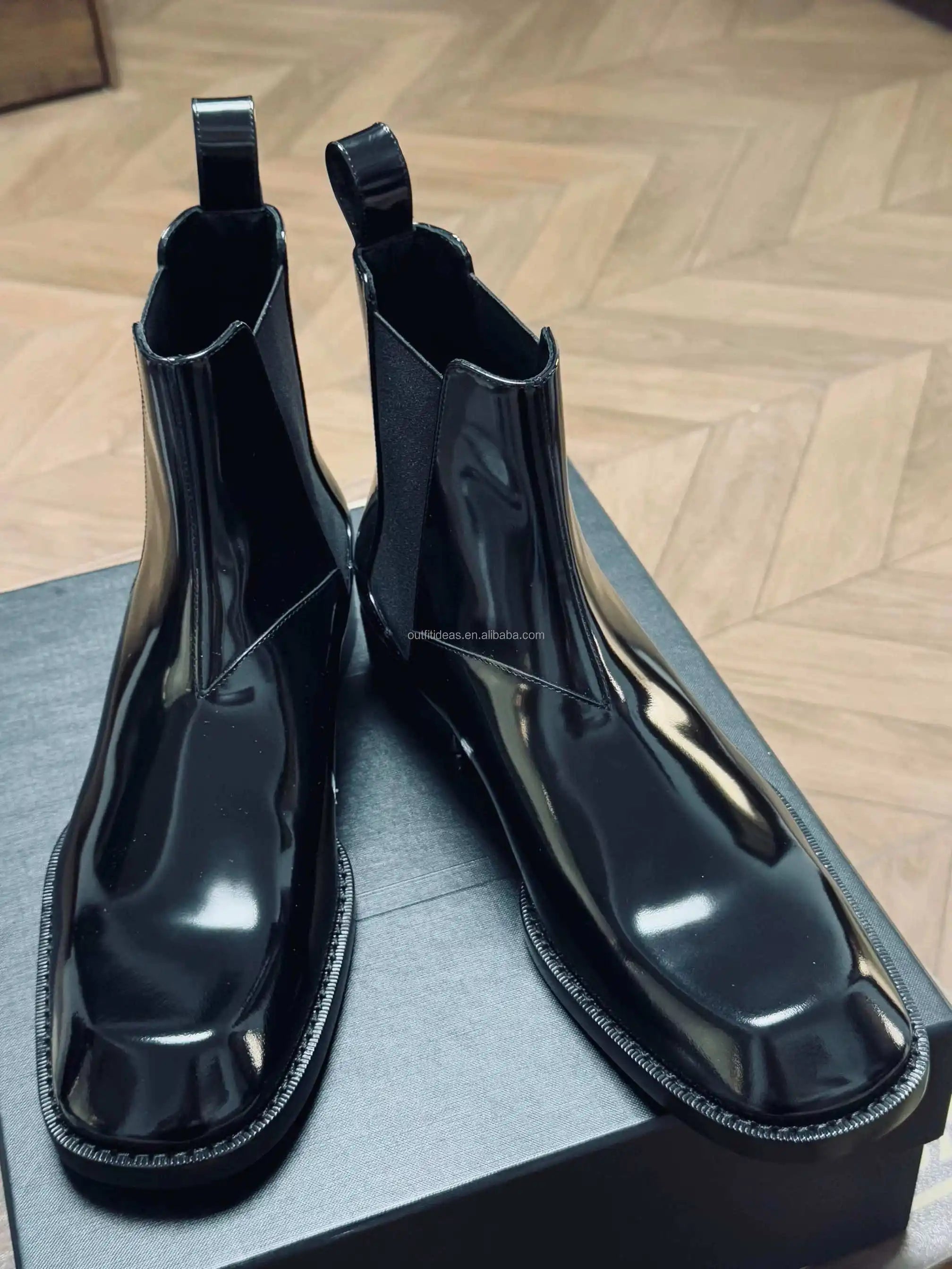 Square Toe True to Size Unisex Block Heel Men Dress Shoes Ankle Patent Leather Men Black Square-Toe Patent Leather Patent Boots