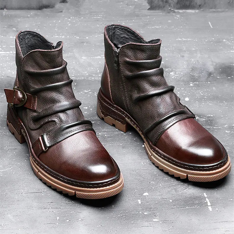British Style Elegant Winter Boots Men's Trendy Pleated Buckle Belt Business Man Wrinkle Leather Shoes