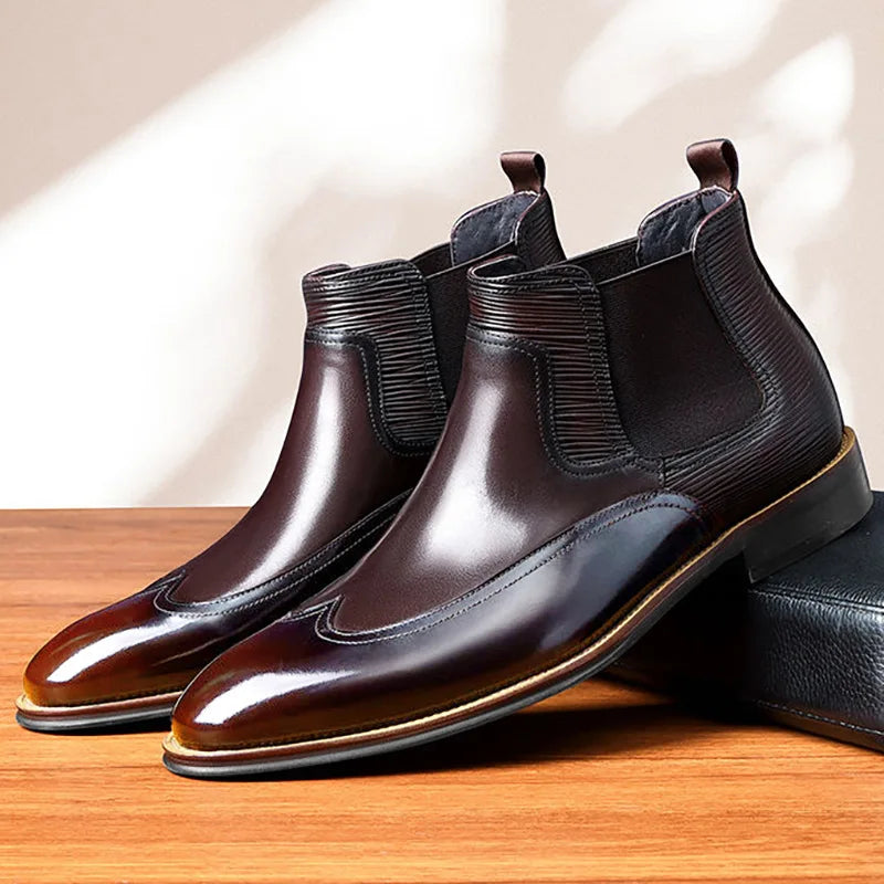 Fashion Height Increasing Men's Elastic Band Brogue Carving PU Leather Resistant Motorcycle Boot Dress Shoes Men Ankle Boots