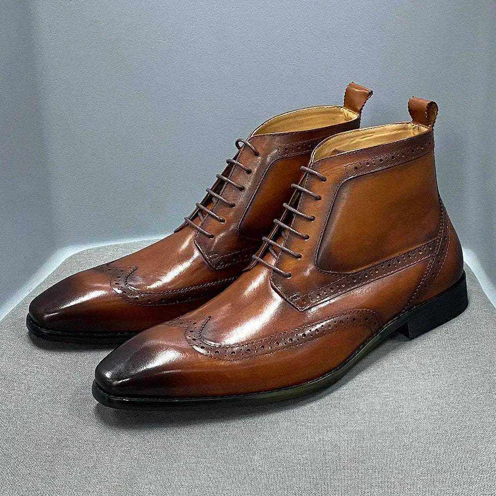 Men's Classic Calfskin Real Leather Cowboy Boots Lace-Up Wingtip Pointed Toe High Cut Formal Derby Shoes