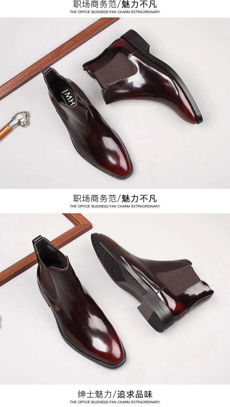 Men's Chelsea boots, glossy leather, high-top shoes, business pointed toe slip-on genuine leather work boots, short leather boot